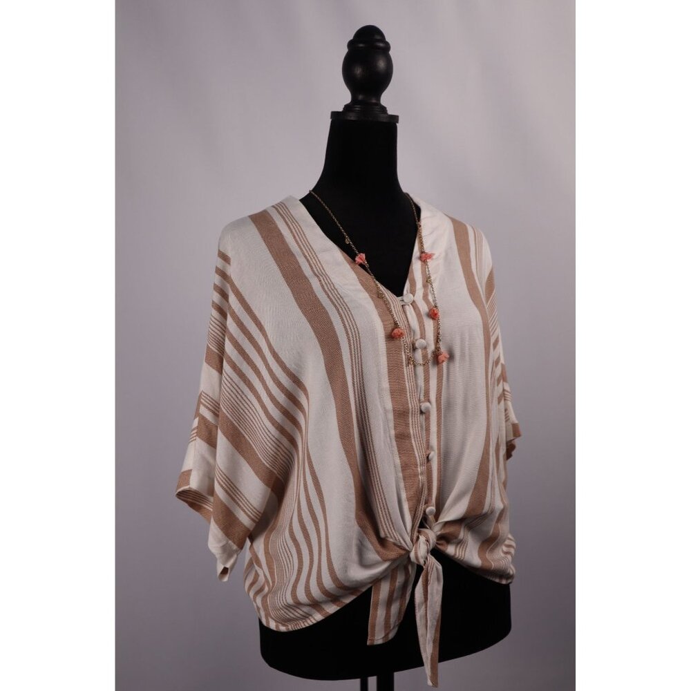 Sim‎  &Sam Beige & White Striped Tie-Front Blouse Size Small Button-Down Light